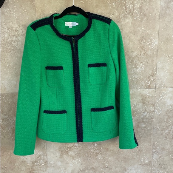 Boden Green Wool Blend Bouclé Jacket Navy Trim Pockets Zip Cuff UK14 US10 - Picture 2 of 9